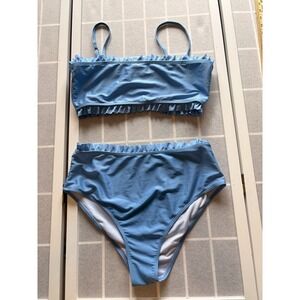 Blue High Waisted Bikini Tummy Control Plus Size 0XL Updated Retro Boho Ruffle
